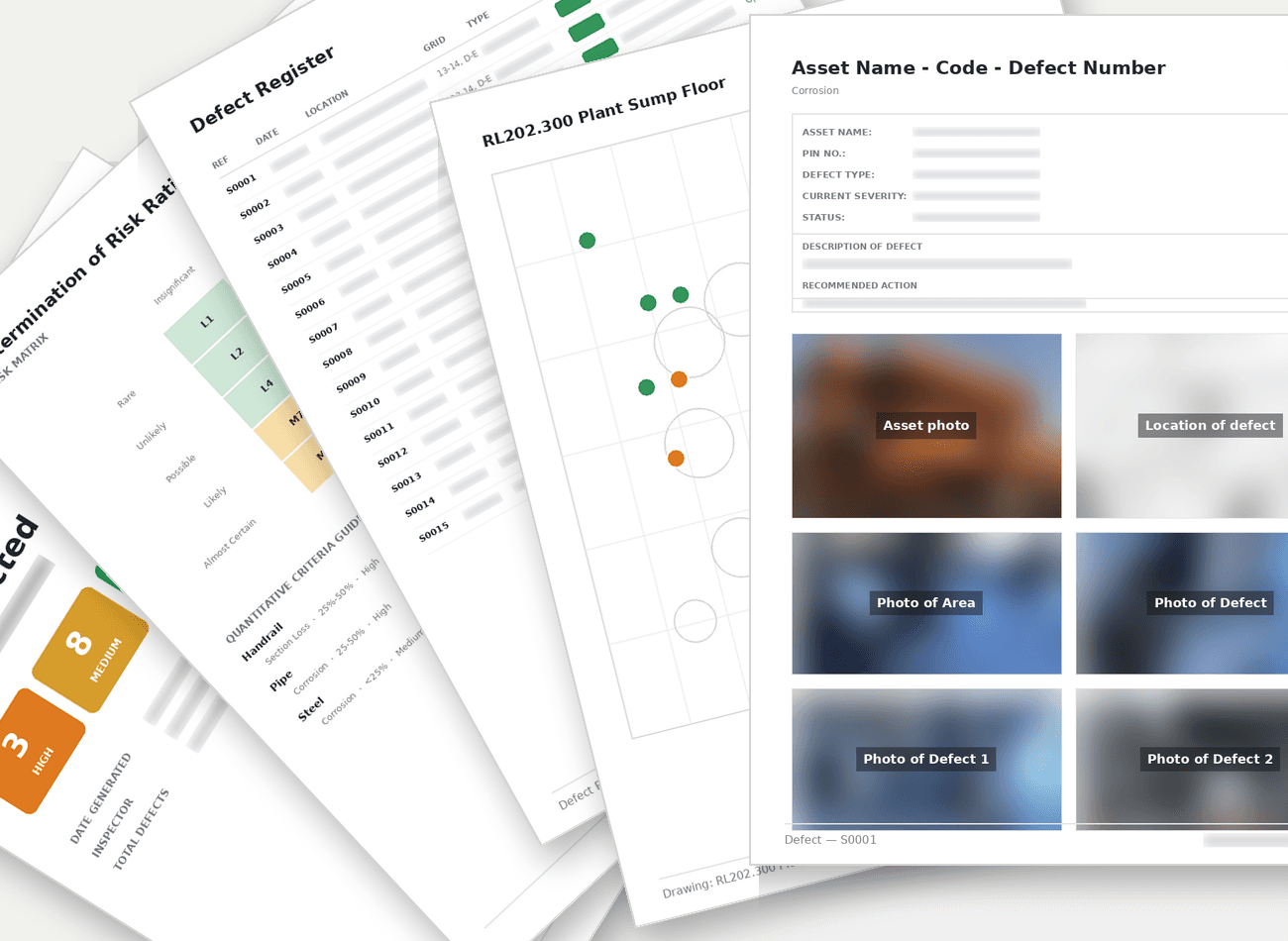 Structured PDF report pages generated from an inspection